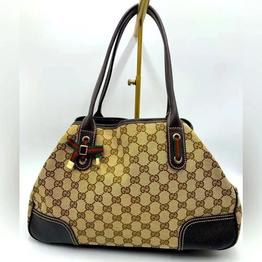 Auth GUCCI GG Monogram Tan Brown Canvas Leather Princey Shoulder 2way Handbag
